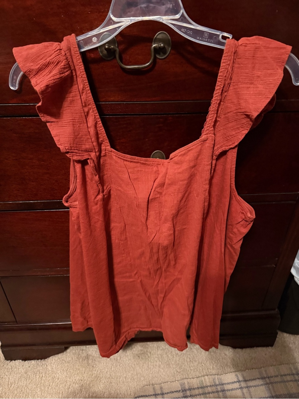 Maurices Rust Red Ruffle Sleeve Button-Front Camisole - Picture 2 of 3